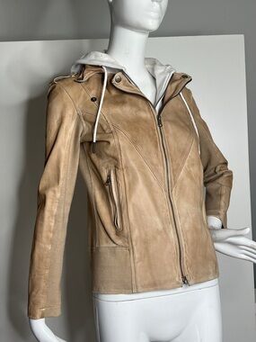 Jakett JKT NYC Hanna Sz XS Tan Leather Jacket With White Zip Out Sweatshirt Hood